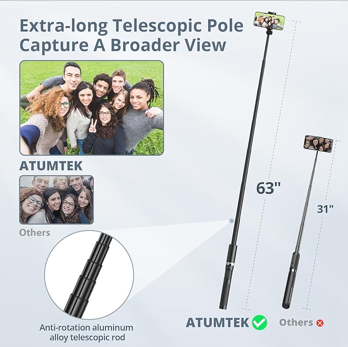 ATUMTEK 63" Phone Tripod for iPhone, Extendable Selfie Stick Tripod with Bluetooth Remote, All-in-One Aluminum Phone Selfie Stick for 4”-7” iPhone and Android Smartphones Black