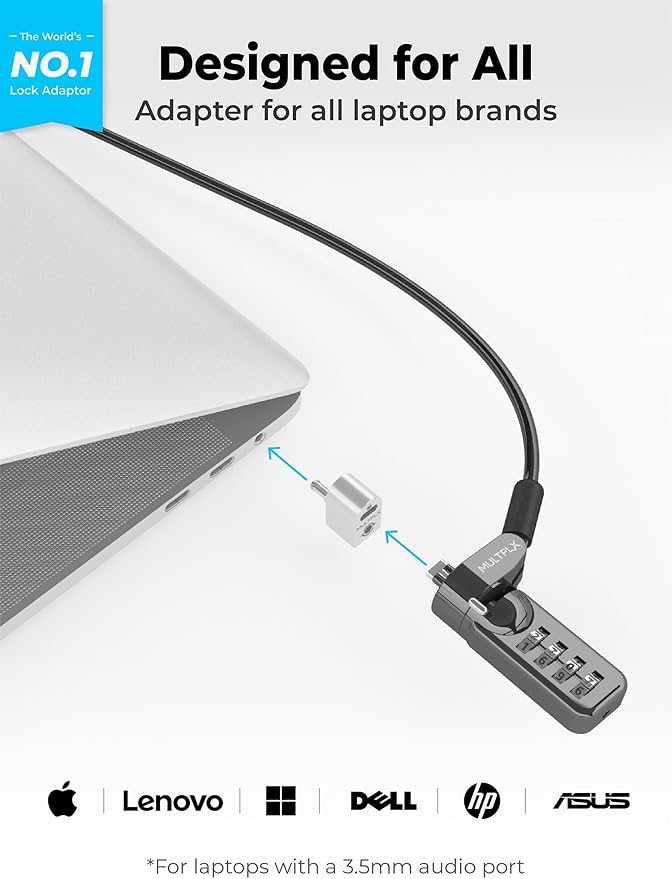 Multplx Laptop Lock Adapter for Security Lock | Adds Security Slot To Any Laptop inc MacBook | Use With Standard T-Shaped Bar Cable Locks | No Adhesive Needed