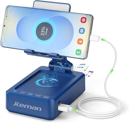 JTEMAN Cell Phone Stand with Bluetooth Speaker and Charging Function, HD Sound Adjustable Phone Holder, Birthday Gifts for Men Women, Cool Tech Kitchen Gadgets for All Phones,Tablet (Blue)
