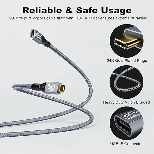 20Gbps USB C 3.2 Extension Cable, USBC 3.2 Gen2 Type-c Male to Female Extender Cable Ultra HD 4K@60Hz 240W Charging 20Gbps Data Transfer Compatible with External SSD eGPU (Extension 20G 240W-1M)