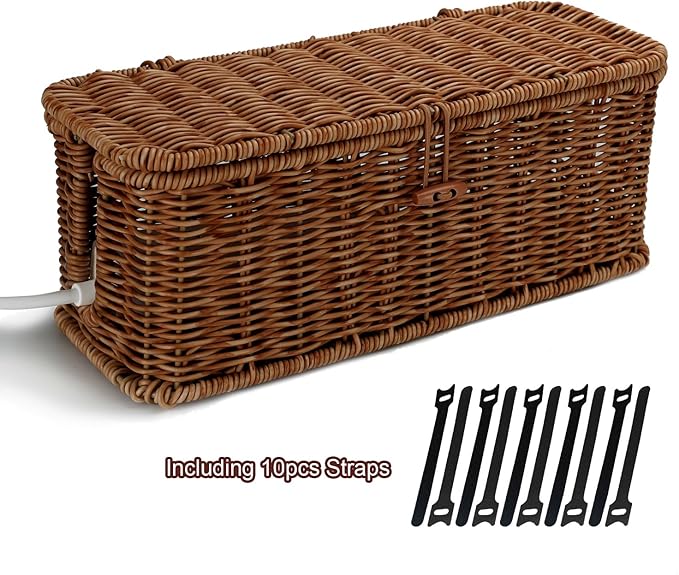 Cable Management Box, Desk Handwoven Rattan Cord Hider Cable Organizer Box With Lid Button Lock, Power Strip Cover Wicker Decorative Basket, Floor Wire Hiding Extension Cord Box (dark brown)
