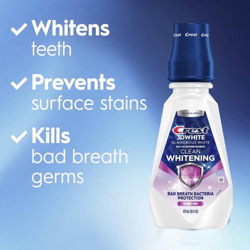 Crest 3D White Glamorous White Alcohol Free Multi-Care Whitening Mouthwash, Hydrogen Peroxide Mouthwash, Arctic Mint, 16 fl oz (473 mL) - Pack of 4, Crest Mouthwash