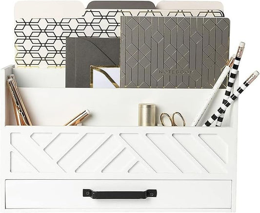 BLU MONACO | Wooden Mail Organizer with Drawer | Mail Organizer Wood Desktop Storage | Tabletop Organizer with Drawers White Farmhouse Desk Sorter