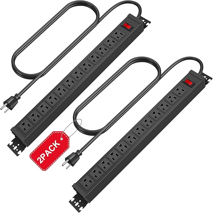 HHSOET 2 Pack Rotating Mountable Power Strip, 12 Outlet Wall Mount Surge Protector,1200J, Metal Heavy Duty and Versatile Outlet Strip, Stylish Appearance, Sturdy and Durable, 10ft Power Cord.(Black)