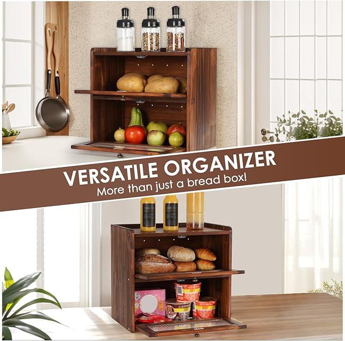 Sunhoo Bread Box for Kitchen Countertop Wooden Bread Storage Container Bin 2 Layer Breadbox Holder Large Capacity Keeper Vintage Farmhouse Food Organizer Pantry Shelf Acrylic Windowï¼Blackï¼