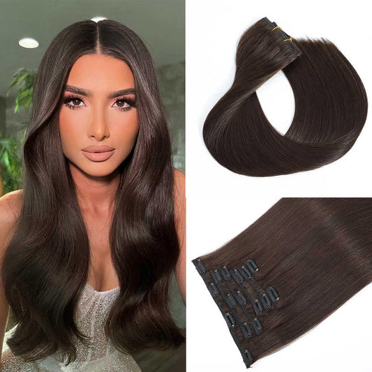 Clip in Hair Extensions Real Human Hair Straight 7pcs 110g Clip ins Hair Extensions Brazilian Remy Human Hair 16 Clips Double Weft Human Hair For Women (14 Inch, #2 Dark Brown)