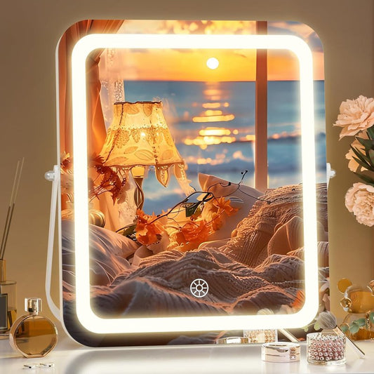 Hasipu Vanity Mirror with Lights, 14" x 11" LED Makeup Mirror, 3 Modes Light, Smart Touch Control Dimmable, 360°Rotation, Rectangle White Frame, with 5X Magnifying Glass