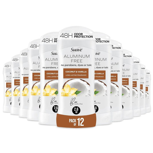 Suave Aluminum-Free Deodorant for Women - Coconut & Vanilla Scent | 48-Hour Odor Protection, 2.6 oz (Pack of 12)