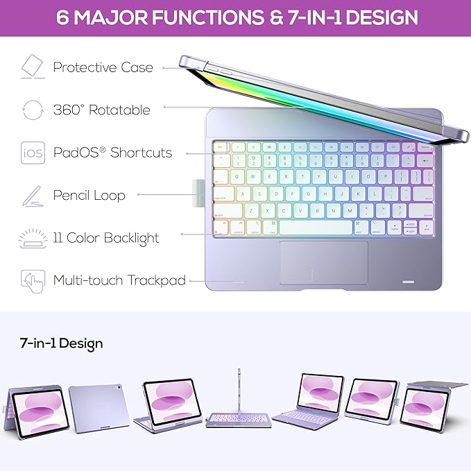 typecase Touch iPad 11th 10th Generation Case with Keyboard (11" 2025, A16 & 10.9" 2022) – 360° Rotatable, 11-Color Backlit, Multi-Touch Trackpad, Pencil Holder, Thin & Light – Light Purple