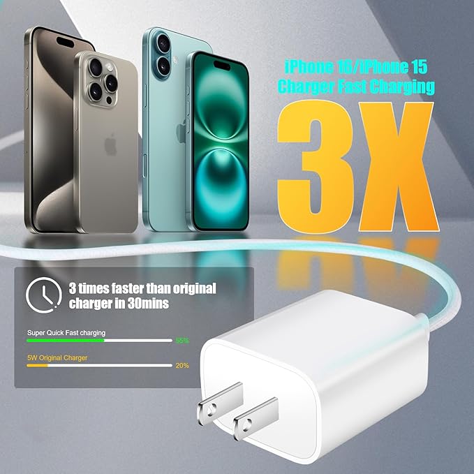iPhone 17 16 15 Charger Fast Charging,6FT Woven USB C Charger Fast Charging Cord,2Pack Dual Port USB C Chargers Block,Double Type C Chargers for iPhone 17/17 ProMax/17 Air/16 ProMax/16e,15 Pro/15 Plus