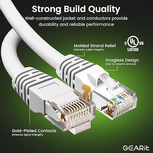 GEARit Cat 6 Ethernet Patch Cable 25 ft White (10 Pack) Cat6 Patch Cables 25ft White/Ethernet Patch Cable, 10Gbps 550MHz 24AWG Pure Copper, Snagless, Gold Plated RJ45 for Router, Server, Router, PC