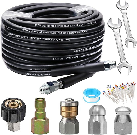 Sewer Jetter Kit 50FT for Pressure Washer, 5800PSI Drain Cleaner Hose 1/4 Inch NPT, Corner, Rotating & Button Nose Sewer Jetting Nozzle with Spanner Waterproof Tape Pearl Corsage Pin