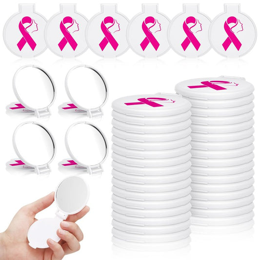 Huwena 100 Pcs Breast Cancer Awareness Accessories Gift Bulk White Pink Ribbon Breast Cancer Compact Mirror for Women Small Pocket Purse Round Portable Folding Makeup Mirror