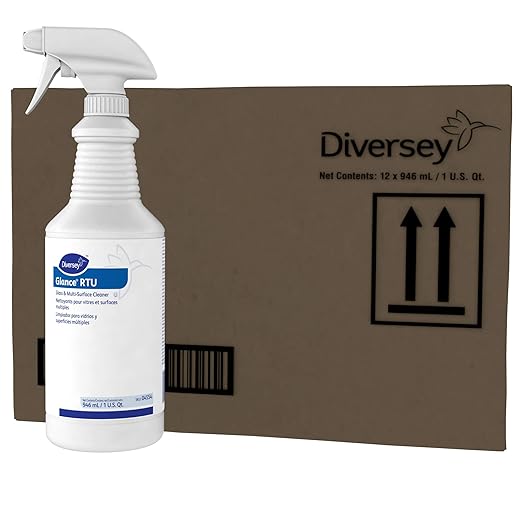 Diversey GLANCE 04554. Glass & Multi-Surface Cleaner, for Streak-Free Mirrors & Windows, Ready-to-Use, 32-Ounce (Pack of 12 with 12 spray nozzles)