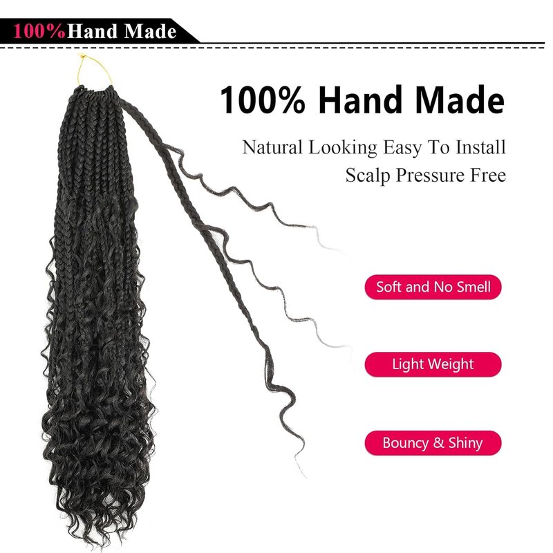 Goddess Box Braids Crochet Hair - 24 Inch Boho Braids With Curly Ends | 8 Packs Synthetic Extensions (1B)