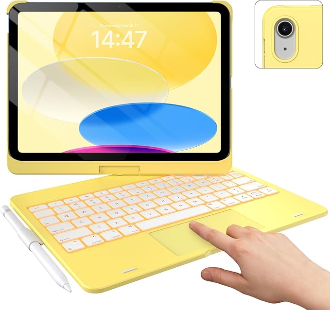 typecase Touch iPad 11th 10th Generation Case with Keyboard (11" 2025, A16 & 10.9" 2022) – 360° Rotatable, 11-Color Backlit, Multi-Touch Trackpad, Pencil Holder, Thin & Light – Yellow