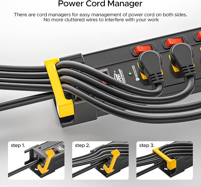 CRST 12-Outlet Heavy Duty Metal Power Strip with Individual Switches, Wide Spacing for Bulky Plugs, 9FTCord with Cable Management, 1020J Surge Protector for Garage, Workshop, Home (15A/1875W)