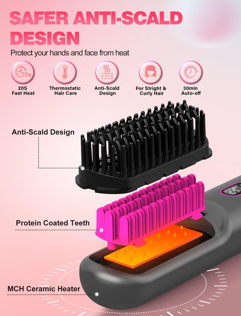 Cordless Hair Straightener Brush for Travel,Mini Hair Straightener Comb with Negative Ion,Portable hot Brush Hair Straightener for Women, Rechargeable 9600mAh Battery, Anti-Scald,12 Temp-Setting