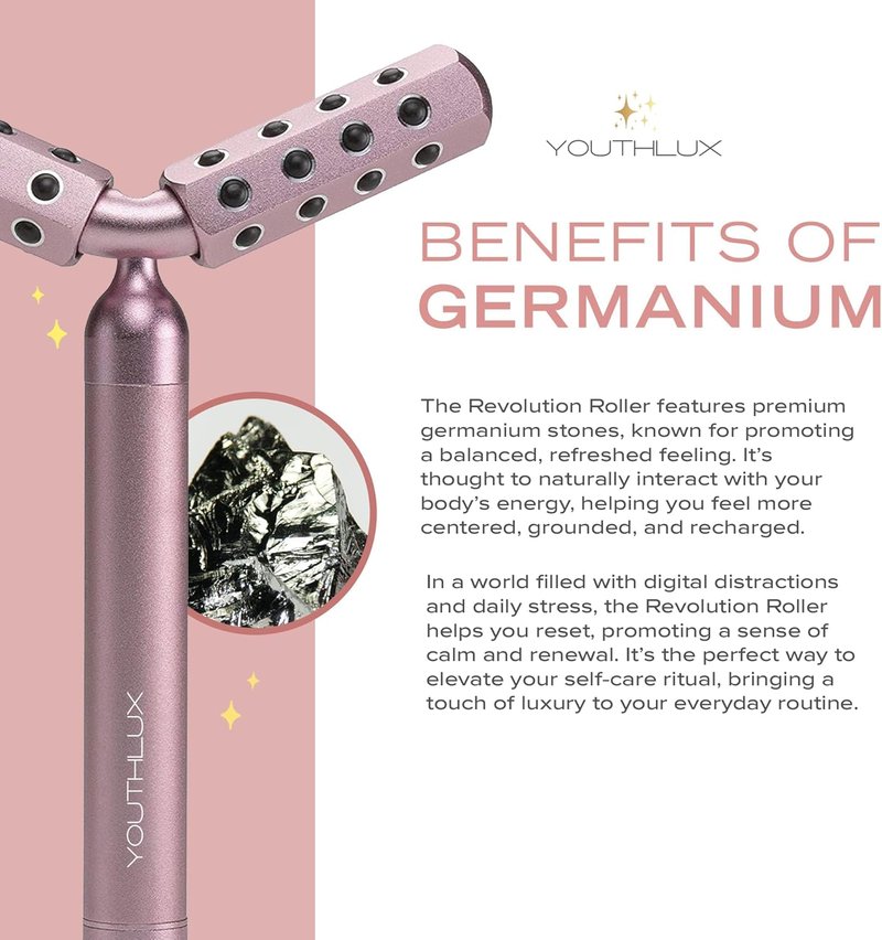 Germanium Stone Face Roller - Uplifting Beauty Tool for Skin Tightening, Firming & De-Puffing | Rose Gold