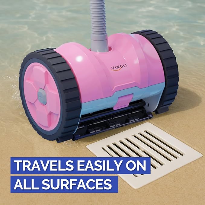 VINGLI Pool Vacuum Cleaner, Automatic Pool Sweeper for Ground&Inground Pools, Suction Side Wall-Climbing Sweeper with 39.6ft Tangle-Free Hose (Comfort Pink&Gray)