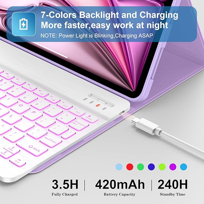 Supveco Keyboard Case for iPad Air 11 Inch (M4 2026,M3 2025,M2 2024),iPad Air 5th/4th Generation with Pencil Holder-7 Colors Backlit Wireless Detachable Folio Keyboard Cover -Lilac