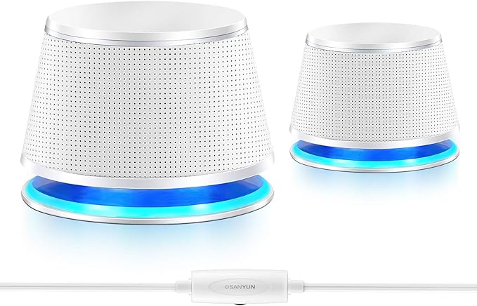 Sanyun SW102 Computer Speakers, 5Wx2, Deep Bass from Compact Cabinet, Stereo 2.0 USB Powered 3.5mm Aux Multimedia Speakers, Built-in Passive Bass Radiators, PC Laptop Desktop Speakers, White