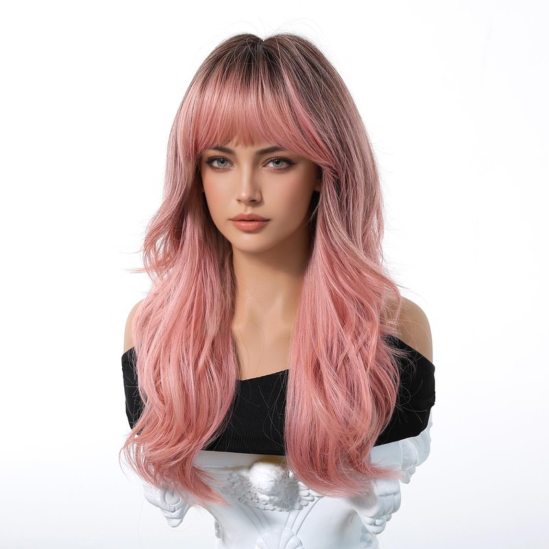 Osicapea Ombre Pink Wigs with Bangs for Women, Natural Wavy Curly Hair Woman Heat Resistant Synthetic Wig 22 Inch Long Wig for Women's Cosplay Costume Party Daily Use