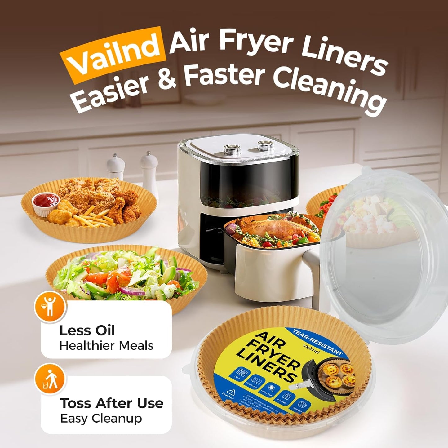 Vailnd Air Fryer Liners - 150 Pcs Heavy-Duty Non-Stick Parchment Paper Sheets | 8" Round for 5-8 Qt Air Fryers