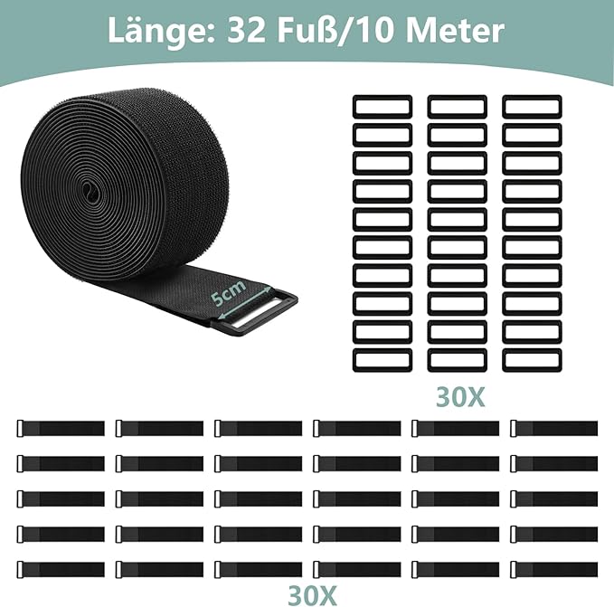WSZJINB 2In x 32Ft Cable Straps Heavy Duty With 30 Buckles, Black Hook and Loop Straps, Reusable Cable Ties for Organizer or Storage.