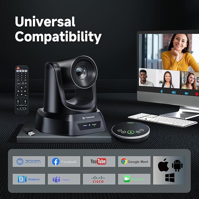 TONGVEO Wireless AI PTZ 20X Zoom Camera with Auto-Tracking: Built-in 5.8GHz Receiver for Cable-Free Setup, 1080P 60fps Conference Camera for Church Services, Online Classes & Hybrid Meetings