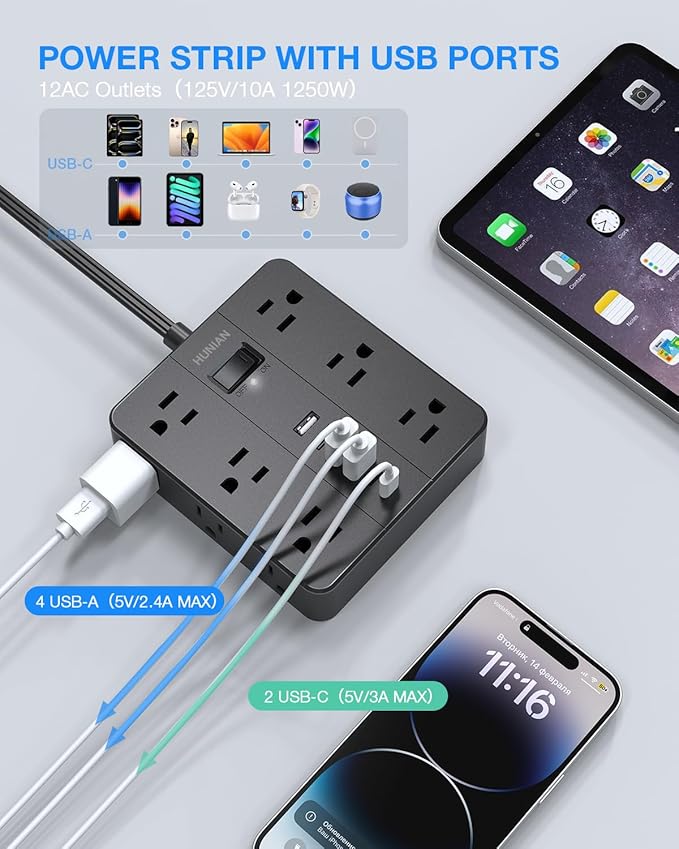 Flat Plug Power Strip, HUNIAN 12 Widely Spaced Outlets with 6 USB Charger (2 USB C Ports), 10 Ft Extension Cord Desk Charging Station for Home Office Supplies, Dorm Room, Black