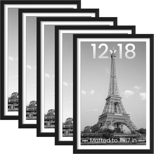 Upsimples 12x18 Picture Frame Set of 5 - Stylish Black Frames for 11x17 or 12x18 Photos