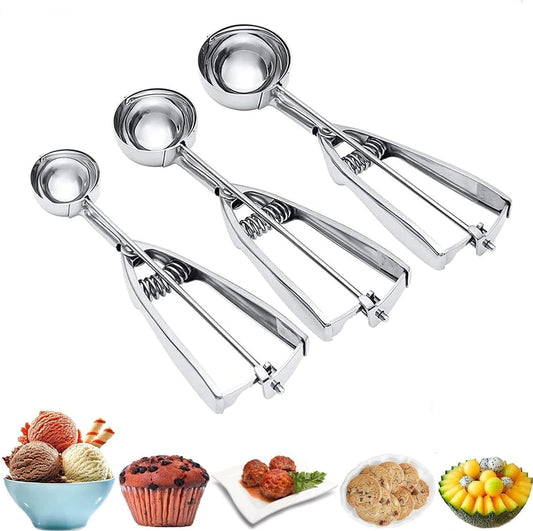 Skiennix Ice Cream Scoop Set - 3Pcs Stainless Steel Cookie Scoops with Trigger Release | Large, Medium, Small