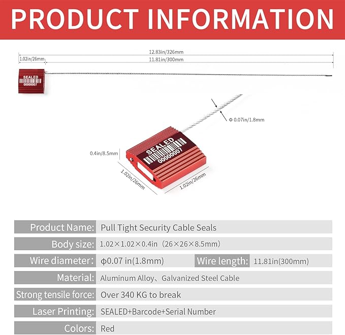 LeadSeals 100 Red Steel Cable Seals With Barcode - High Security Numbered Truck Anti-Tamper Pull Tite Tags - Metal Container Shipping Self-Locking Safety Ties ISO 17712