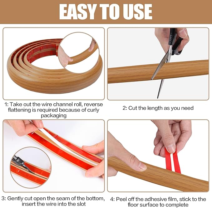 DBHXXMB-HH Floor Cord Cover Self Adhesive Cord Hider,10FT Cable Management, Extension Strip Protector for Wires, Prevent Cable Trips for Offices, Gyms, Exhibitions Cavity 0.39"(W) x 0.27"(H) BrownWood