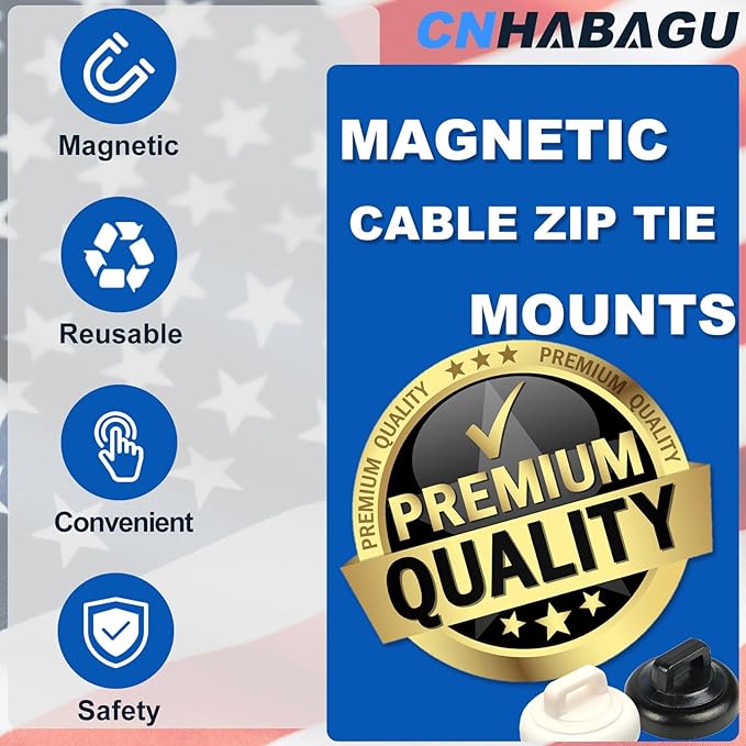 CNHABAGU Magnetic Cable Zip Tie Mounts Clips Multipurpose Zip Ties Mount Base Holder Black Wire Cable Holder Mount Wire Clips Management for Home Office Marine Electrical Wiring (Black, 20 Piece)