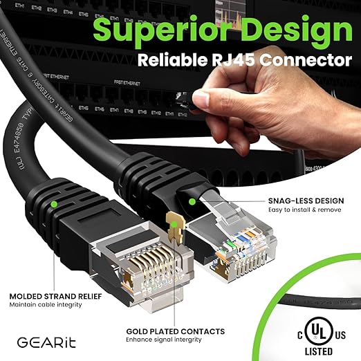 GEARit Cat 6 Ethernet Patch Cable 5 ft Black (10 Pack) Cat6 Patch Cables 5ft Black/Ethernet Patch Cable, 10Gbps 550MHz 24AWG Pure Copper, Snagless, Gold Plated RJ45 for Router, Server, Router, PC