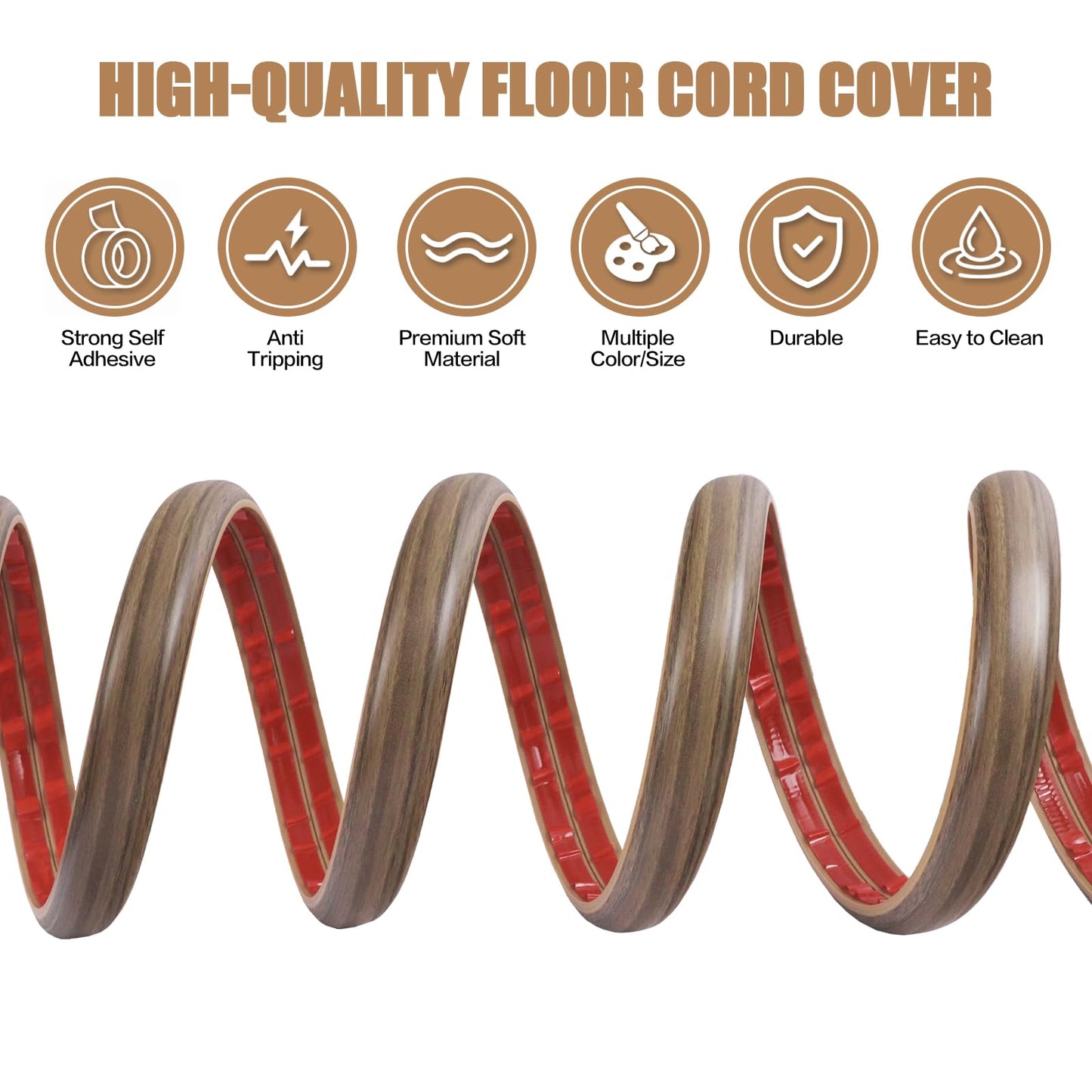 Floor Cord Cover Self Adhesive Cord Hider,20FT Cable Management, Extension Strip Protector for Wires, Prevent Cable Trips for Offices, Gyms, Exhibitions Cavity:0.39"(W) x 0.27"(H) Woodsmokedbrown