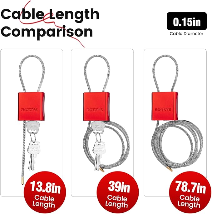 BOZZYS Cable Lock with 3 Keys | L 3.28ft(1m),D 1/6in(4mm) Adjustable Steel Cable Padlock | Aluminum Locks for Bikes, Gate, Lockers & Outdoor Gear | Weatherproof & Red