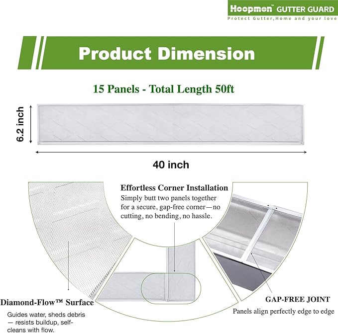 Gutter Guard â 100% Stainless-Steel Micro-Mesh Design, Pine Needle & Small Debris Protection, Fits 6 in KâStyle & HalfâRound Gutters, DIY Screws Included (50ft, 15pcs, 6in x 40in)