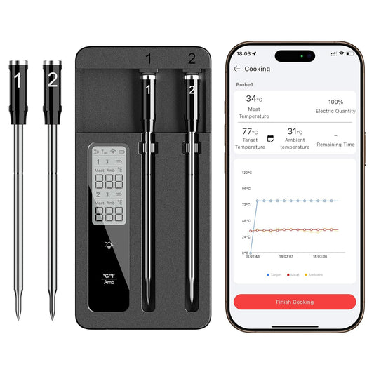 Skiennix Smart Wireless Meat Thermometer - Dual Probes, Bluetooth & WiFi, High Precision for BBQ & Grill