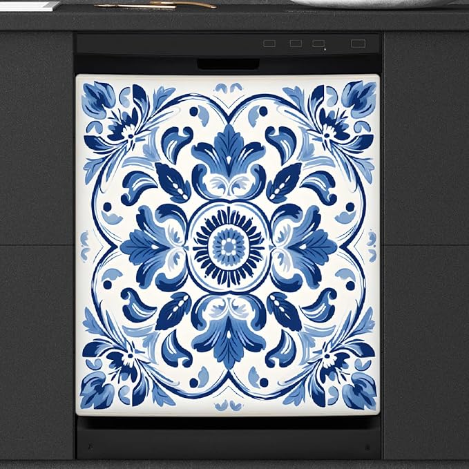 Dishwasher Magnet Cover Blue Ethnic Flower Paisley Reusable Dishwasher Magnetic Cover Sticker Decorative Dish Washer Door Cover Panel for Home Kitcen Appliance, 21x26 in