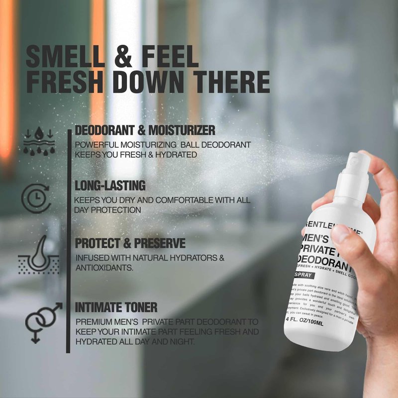Men's Deodorant Spray for Intimate Areas - Anti-Chafing, Hydrating & Refreshing - with Aloe Vera & Witch Hazel - All Skin Types - Vegan - Amber Scent - 4oz