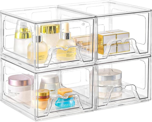 Stackable Makeup Organizer - Clear Plastic Storage Drawers Set of 4 | Ideal for Vanity & Bathroom Organization