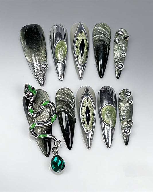 CAMILCY Luxury Handmade Press on Nails Long Stiletto Green Snake Chrome Gothic Fake Nails Glossy Black Green Gradient Crystal Charm Reusable Acrylic Nails for Women 10pcs (A038, S)