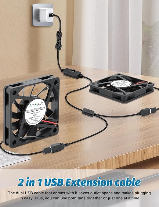 AmRunJe 2 Packs USB Cooling Fan 60mm x 10mm 5V Brushless DC Fans Variable Speed for PC Computer Raspberry Pi Router Terrarium Helmet