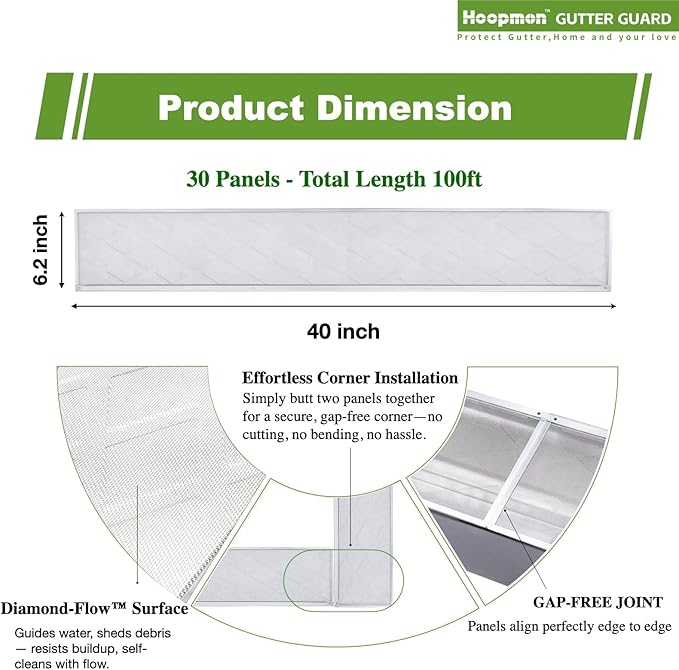 Gutter Guard â 100% Stainless-Steel Micro-Mesh Design, Pine Needle & Small Debris Protection, Fits 6 in KâStyle & HalfâRound Gutters, DIY Screws Included (100ft, 30pcs, 6in x 40in)