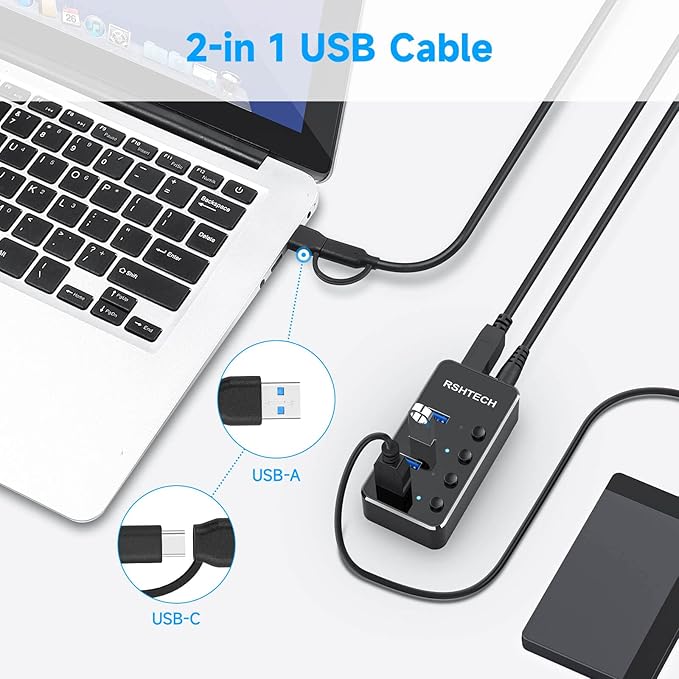 RSHTECH 4 Port Powered USB 3.0/USB C Hub Upgraded Version with 2-in-1 3.3ft USB Cable,5V Power Adapter and Individual Switches, Portable Aluminum USB Splitter for Laptop and PC, RSH-ST04