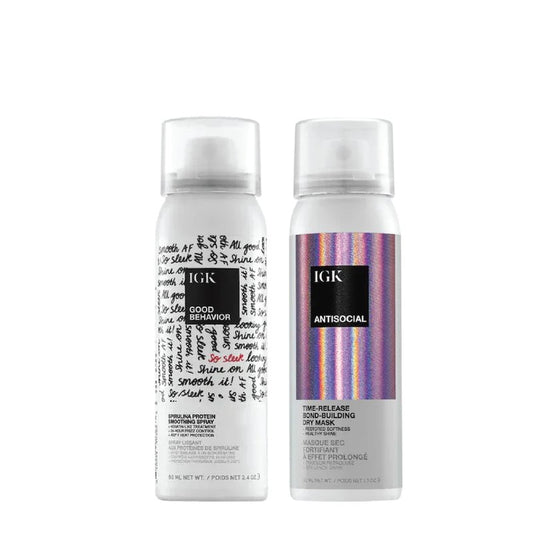 IGK Travel Hair Treatment Set | Antisocial Hair Mask + Good Behavior Spray | Overnight Bond-Building + Keratin Like Smoothing Spray | Vegan + Cruelty-Free | Set of 2