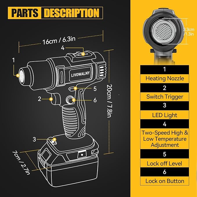 LIVOWALNY Cordless Heat Gun Compatible with Dewalt 20v Battery (Tool Only), 350W Fast Heating Soldering Hot Air Gun 122℉-1022℉ Variable Temperature Control with 5 Nozzles for DIY Craft, Shrink Tubing